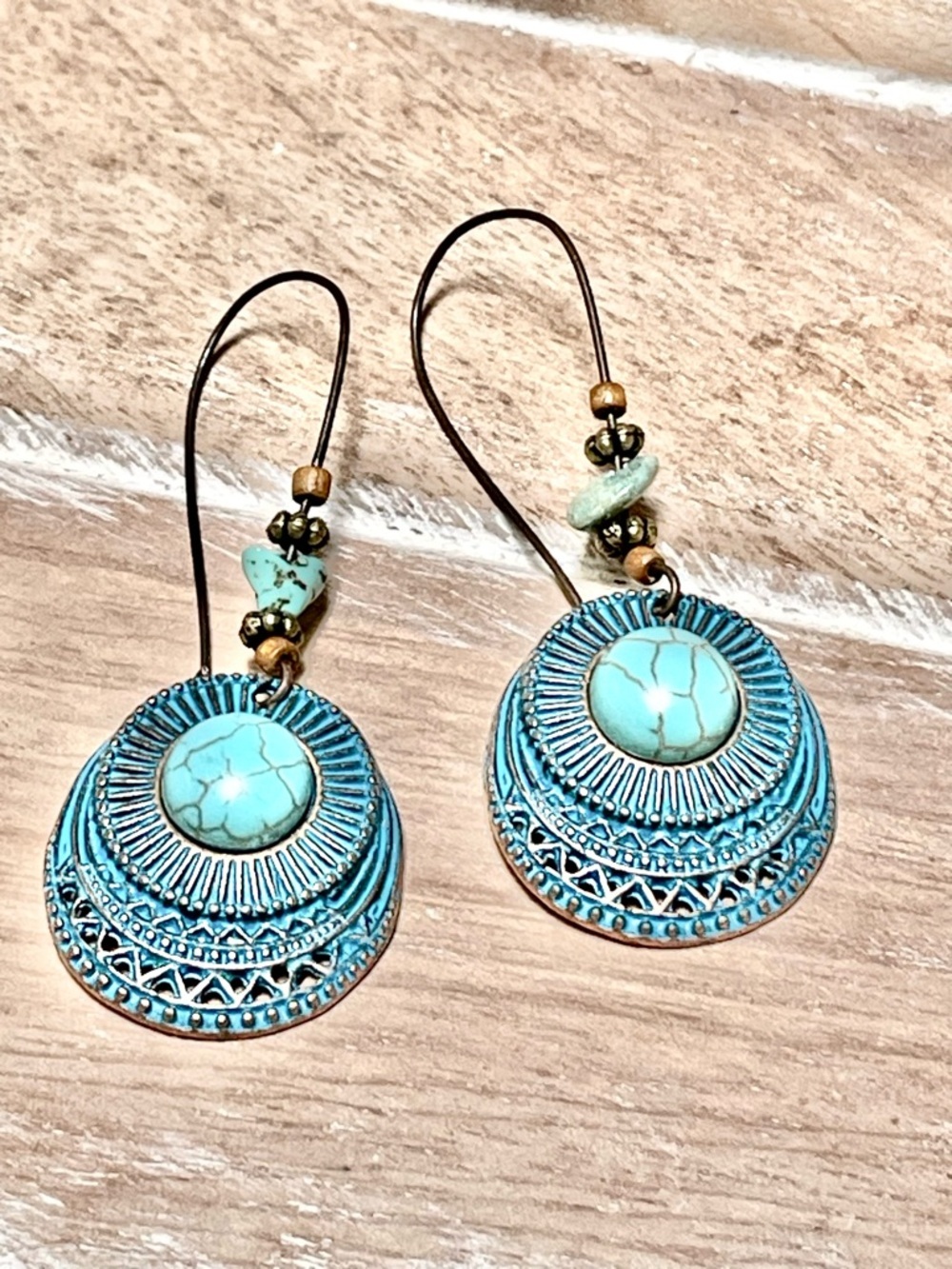 Boho Copper Turquoise Patina Triple Disk Drop Earrings w Antique Copper Accents